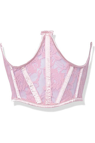Pink sheer lace underwire corset with vertical boning and satin trim, front