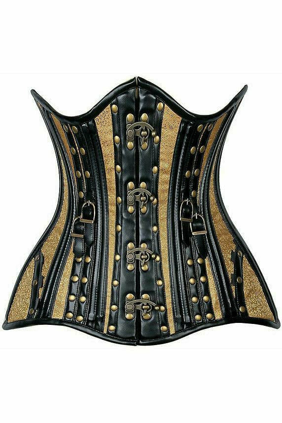 Underbust corset with black faux leather and gold brocade panels, steel-boned lacing