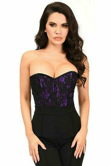 Front lace corset with sweetheart neckline, black base, purple patterned panel, zipper