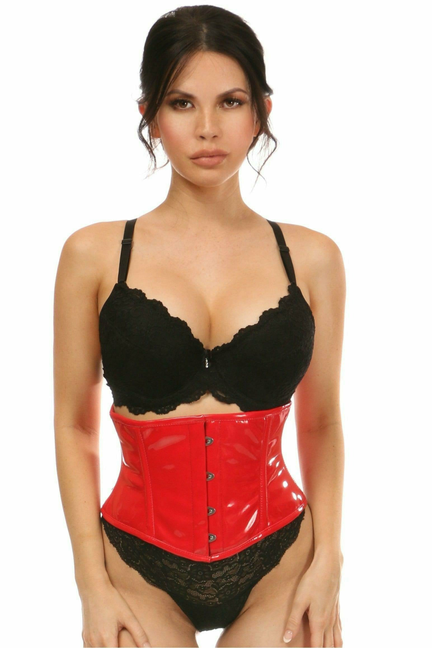 Red patent mini cincher over black lace bustier and brief, front close-up