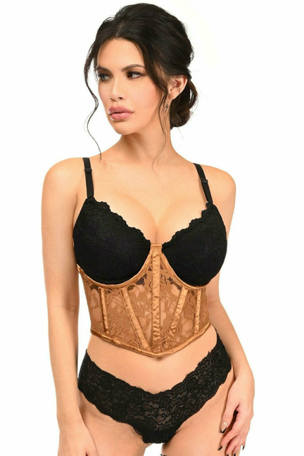 Caramel underwire waist cincher corset with black lace cups and sheer lace panels