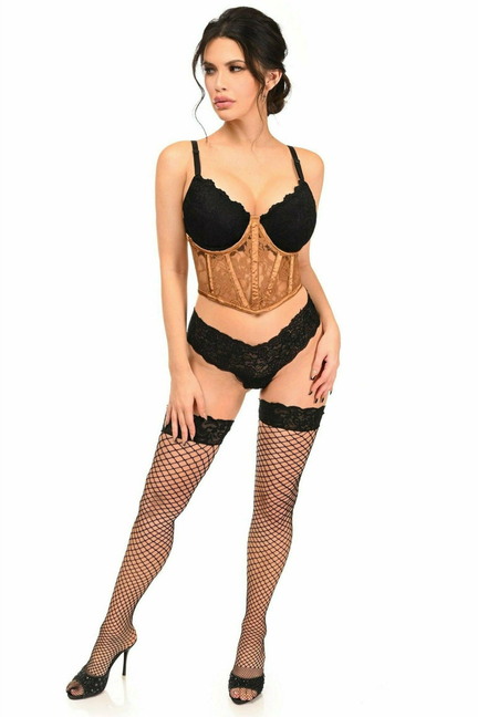 Caramel sheer lace underwire corset with black lace trim and scalloped lace hem