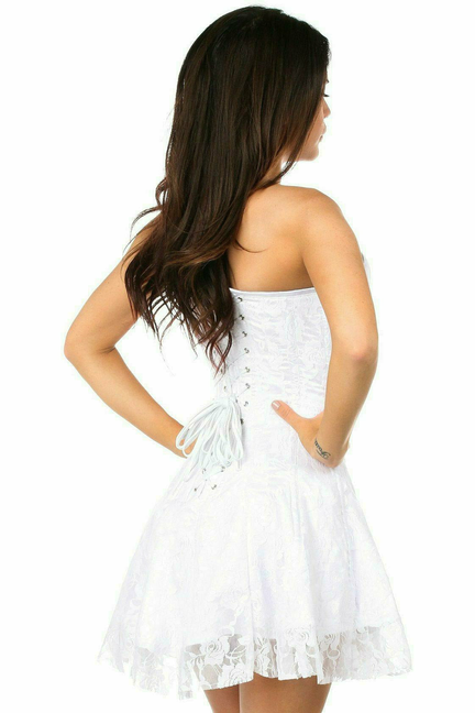 White lace corset mini dress, lace-up back tie, thin straps, layered flared skirt