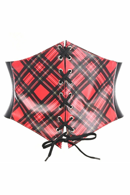 Red and black plaid lace-up corset belt cincher with front eyelets and ties