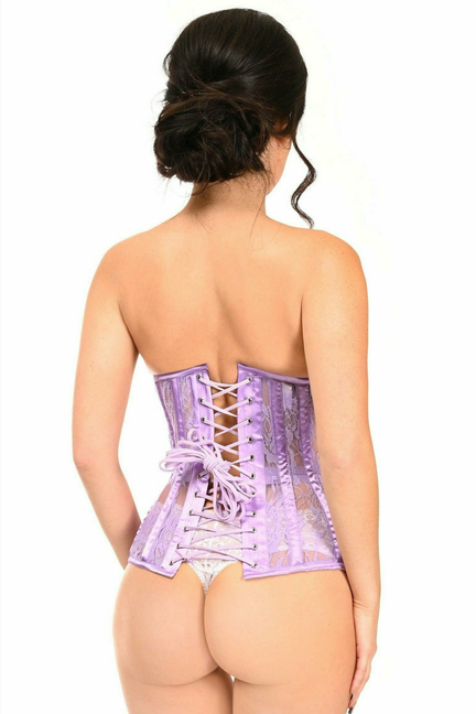 Lavender sheer lace underbust corset with lace-up back and boned waist panel