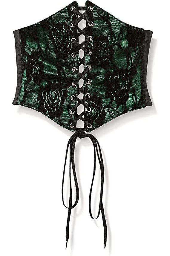 Green lace corset belt cincher with black lace-up eyelets and ribbon ties