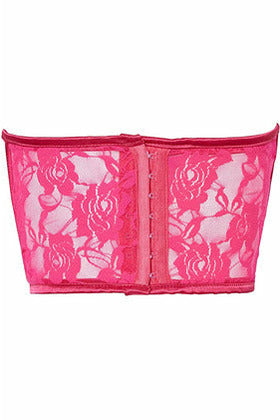 Fuchsia sheer lace corset panel with hook-and-eye front closure, flat lay.