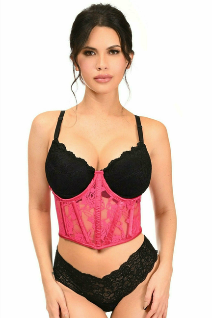 Fuchsia sheer lace underwire waist cincher corset with black lace cups and trim.