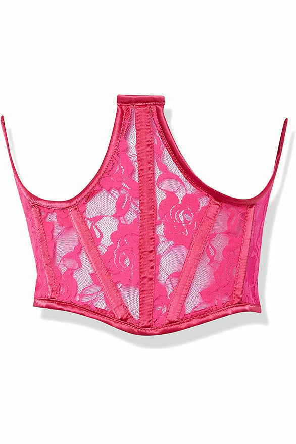 Fuchsia sheer lace corset with thin straps and front eyelet detail, flat lay.