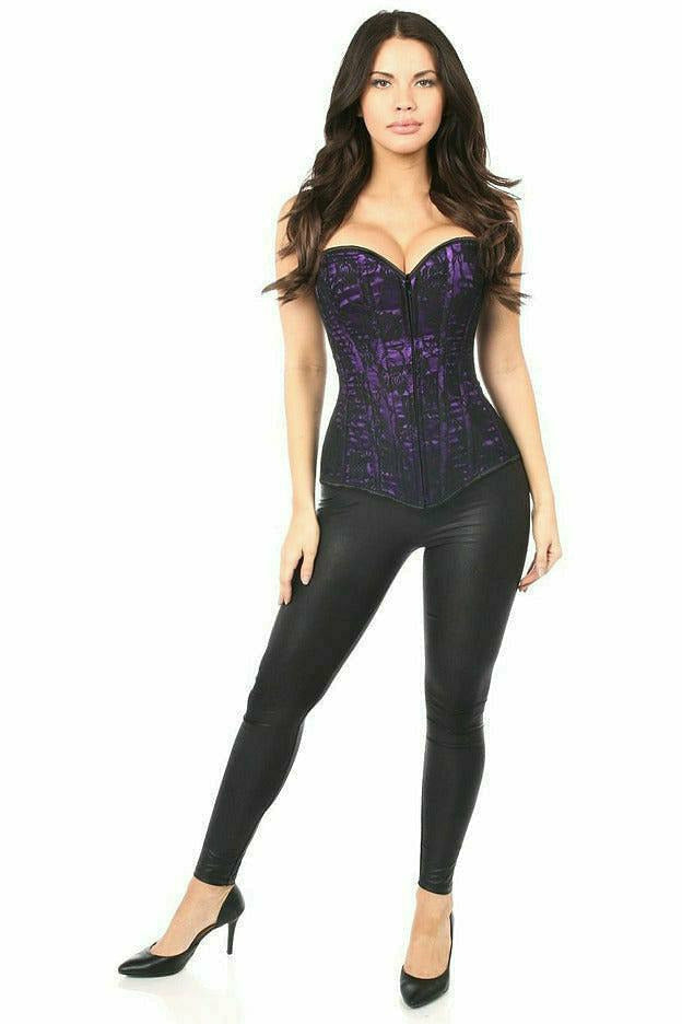 Purple lace corset with sweetheart neckline and center front zipper.