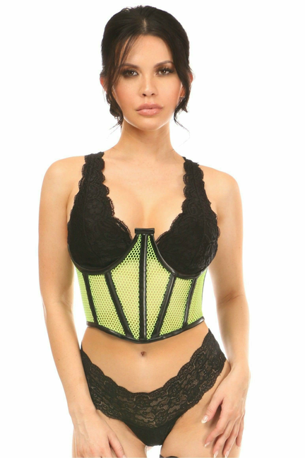 Neon-green underwire open-cup waist cincher with vertical mesh boning and black lace trim