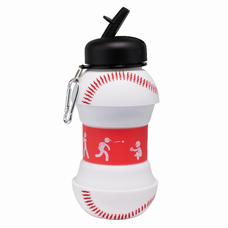 Baseball water bottle with red-and-white seam print, black lid and flip spout