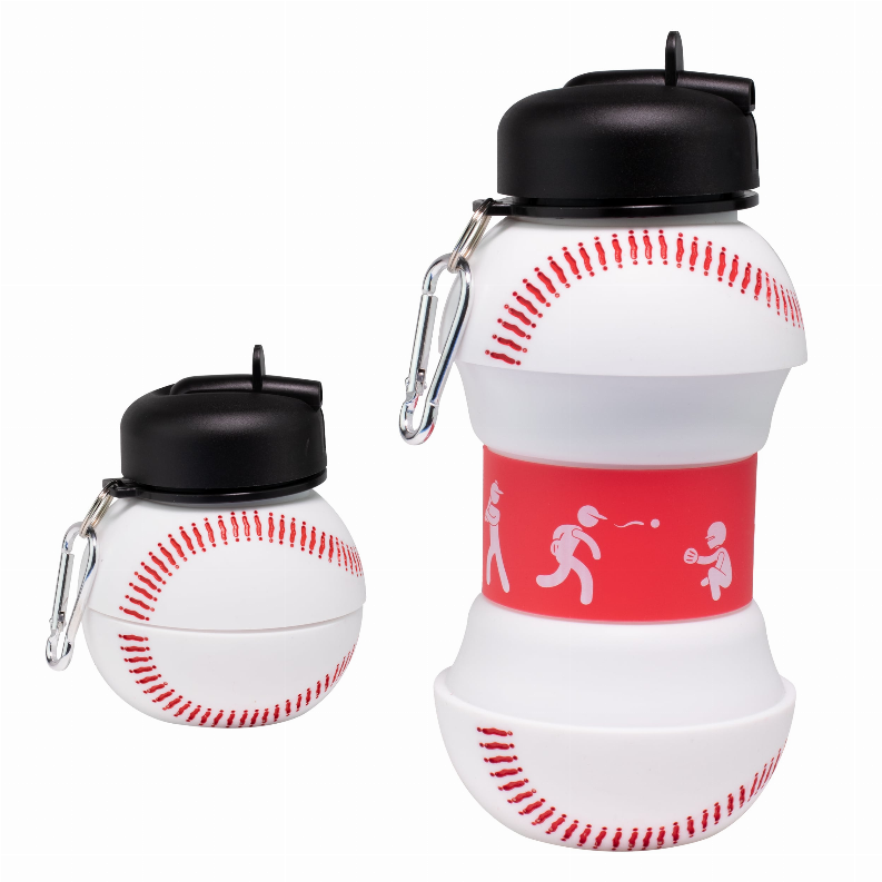 Set of two baseball water bottles, red-and-white seam print, black lids