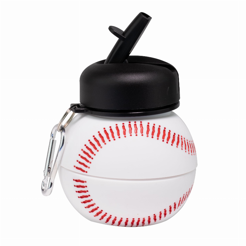 Baseball water bottle with red seam print, black lid and flip spout