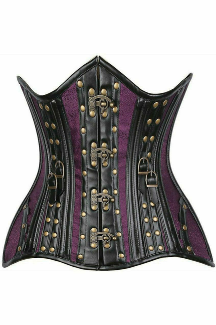 Underbust corset in black faux leather with purple brocade panels and gold grommet trim