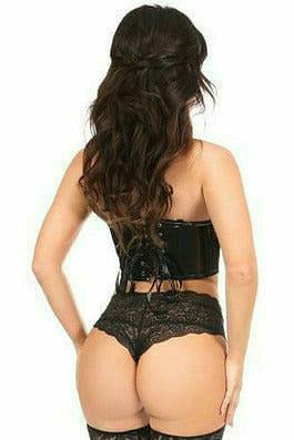 Black patent short bustier top, back view with lace trim and corset-style stitching