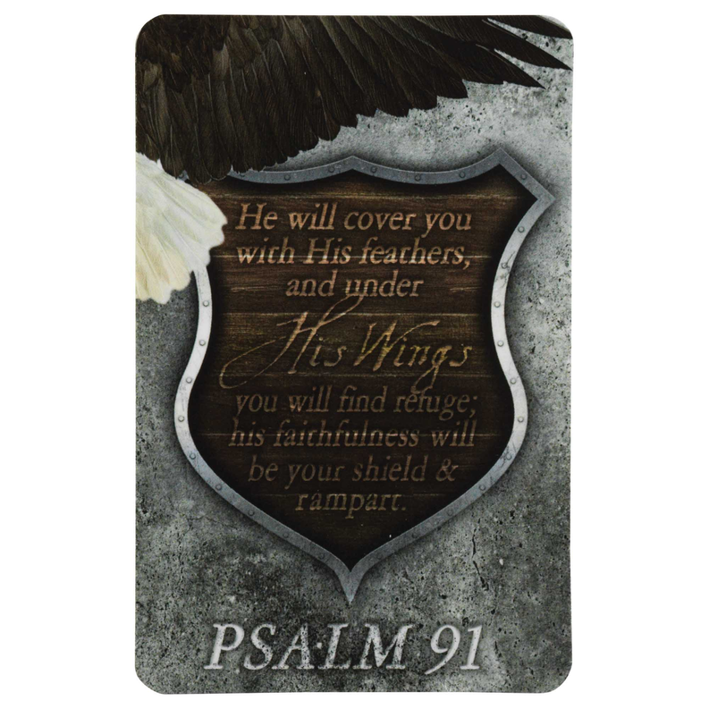 Psalm 91 pocketcard with eagle shield design, quote text, and 'PSALM 91' at bottom