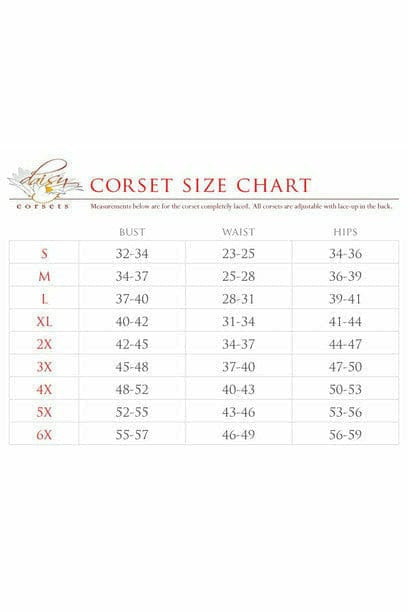 Corset size chart showing bust, waist, and hips measurement table