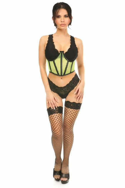 Neon-green fishnet underwire bra waist cincher with black lace brief and fishnet stockings