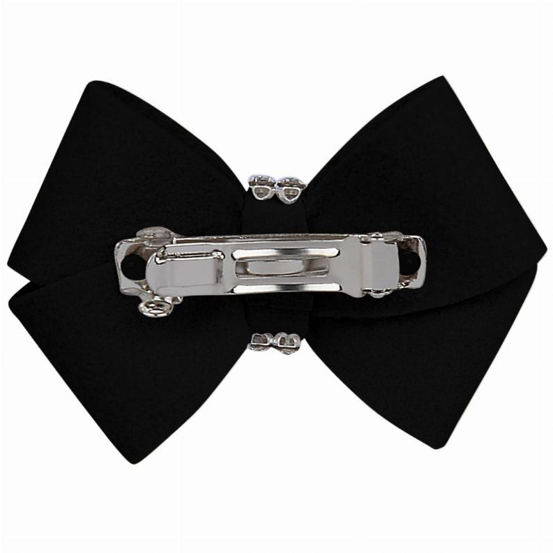 Black fabric bow hair bow with silver barrette clip and rhinestone center accents
