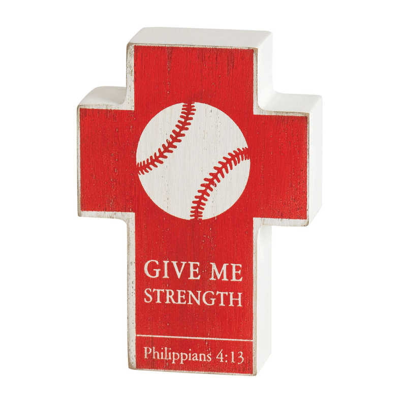 Wooden baseball cross sign with red/white ball and 'Give me strength', Philippians 4:13