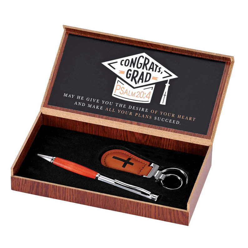 Graduation pen and key set in wooden gift box with key fob and pen