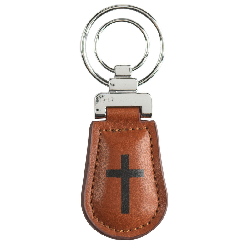 Brown leather key fob with cross symbol and metal key ring
