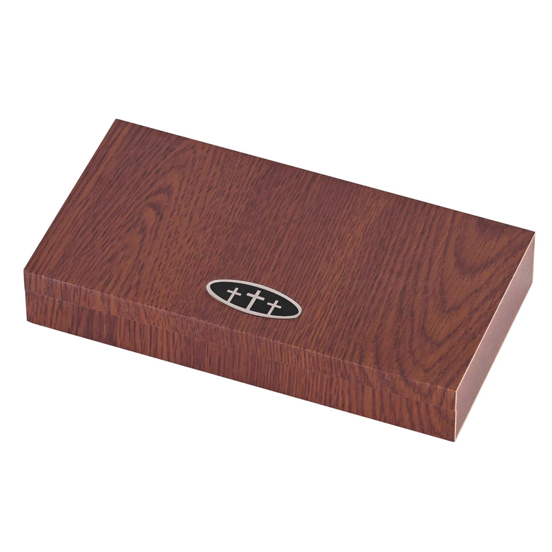 Wooden gift box with metal oval cross emblem