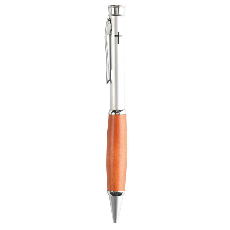 Chrome ballpoint pen with orange handle and cross accent on clip