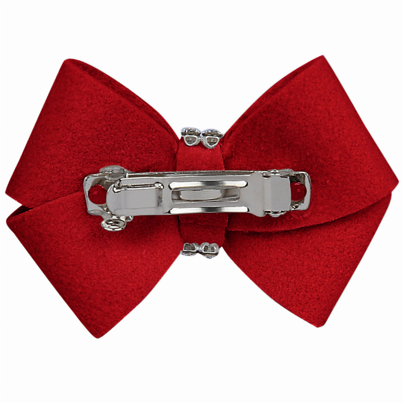 Red bow hair clip with silver clasp and small jeweled accents at the center