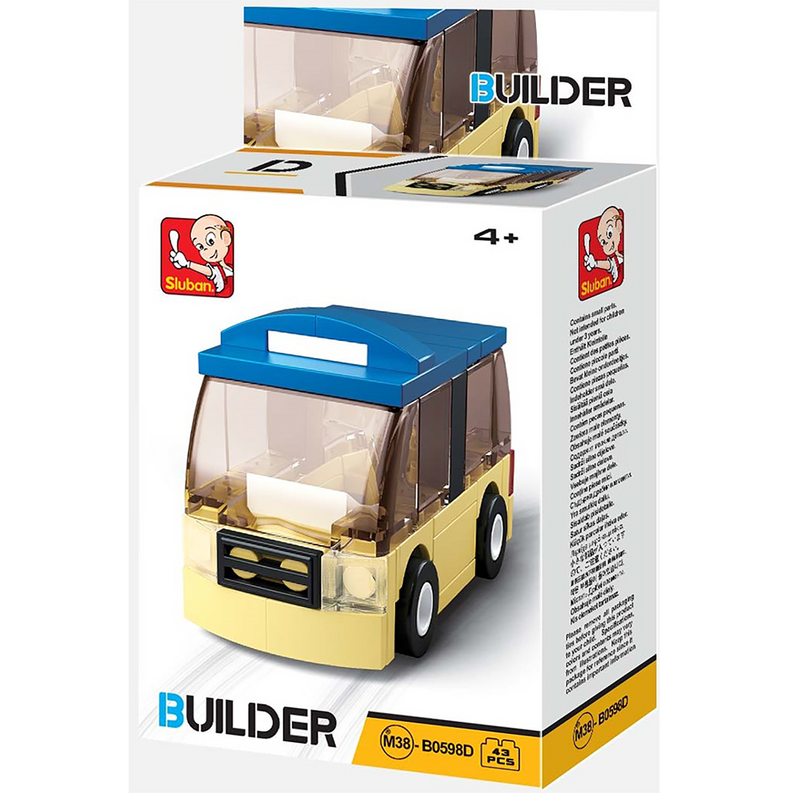 Mini bus building brick kit box showing assembled blue and yellow bus, 46 pcs