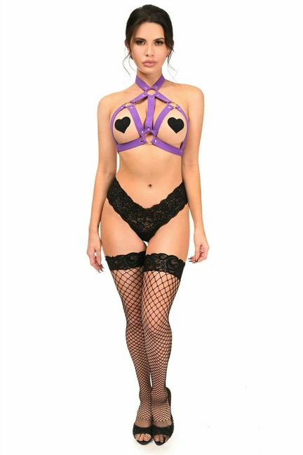 Purple body harness with heart panels and metal rings, lace thong and fishnet stockings.