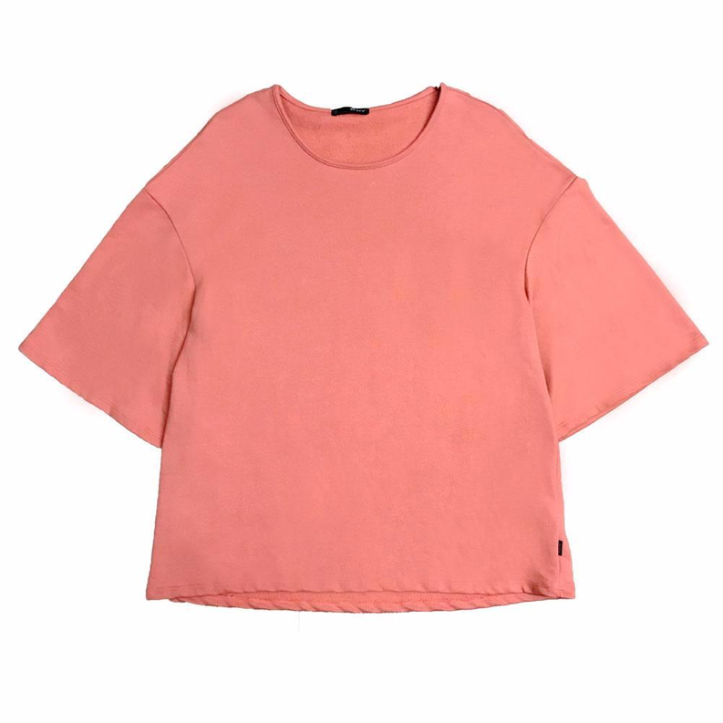 Peach slouch T-shirt laid flat, crew neck, short sleeves, small side tag