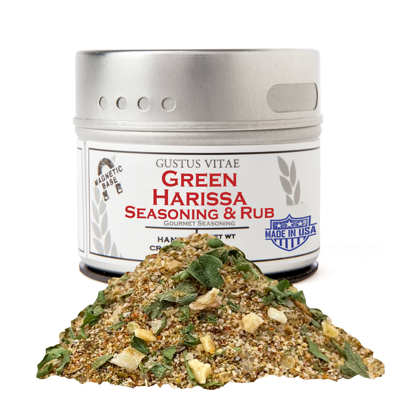 Green harissa seasoning & rub jar with green chile herb spice blend