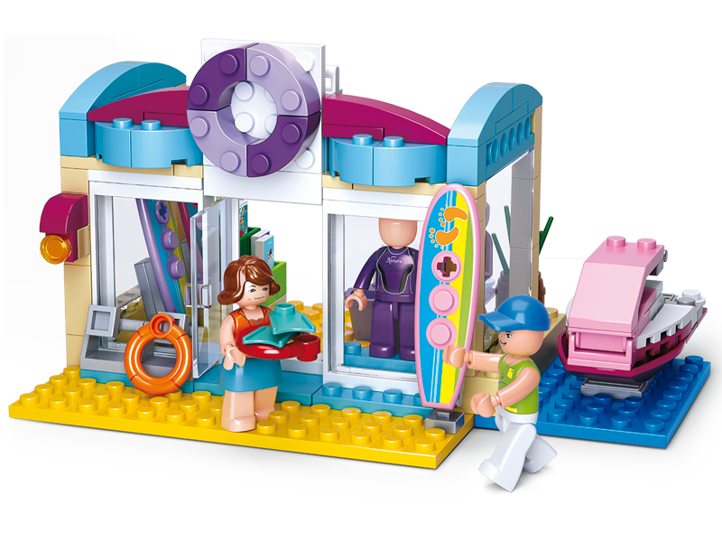 Colorful surf shop building brick kit with characters, surfboard, and accessory pieces