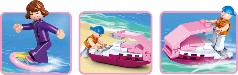 Surf shop themed building instruction panels showing scenes in three frames
