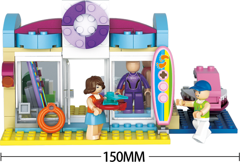 Surf shop building brick set viewed from the side, with minifigures and surfboard