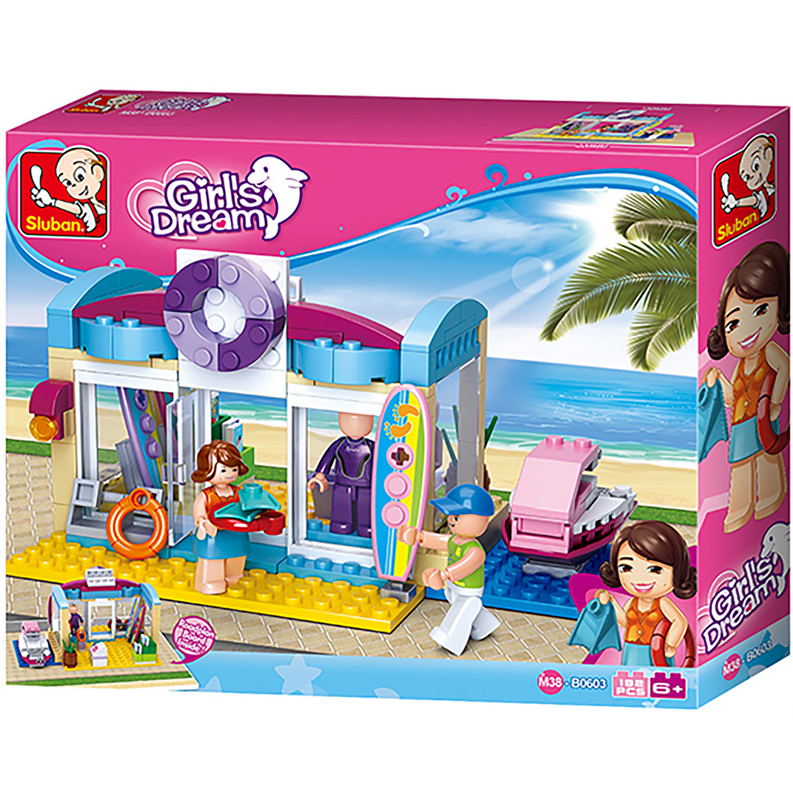 Girl Dream themed brick building box showing surf shop, characters, and accessories