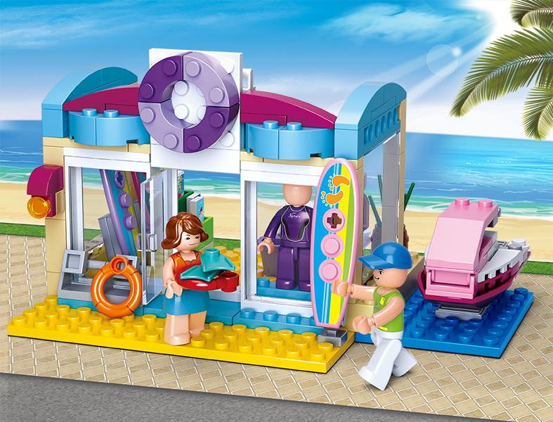 Surf shop building brick kit with minifigures, surfboard rack, and pink checkout stand
