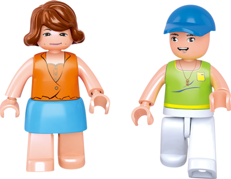 Two brick-built minifigures: girl in orange top and boy with green vest and helmet