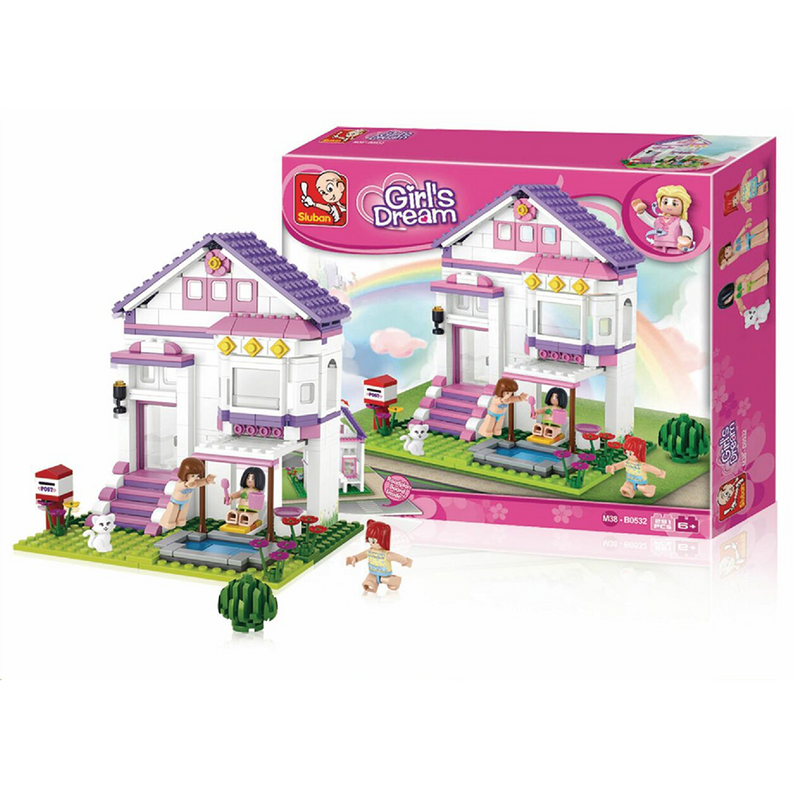 Girls Dream villa building brick kit box with assembled house model and pool area