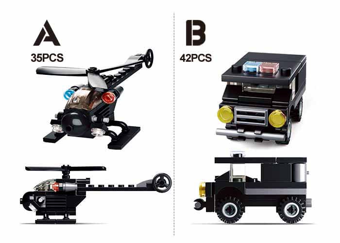 Police building brick set display with black helicopter and police van models