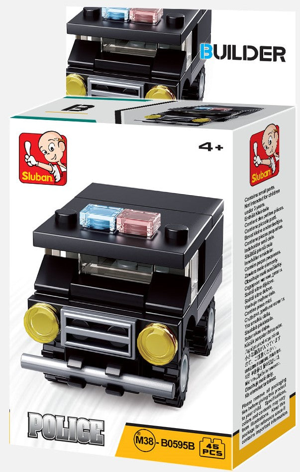 Police building brick set box with black police van model and yellow round headlights