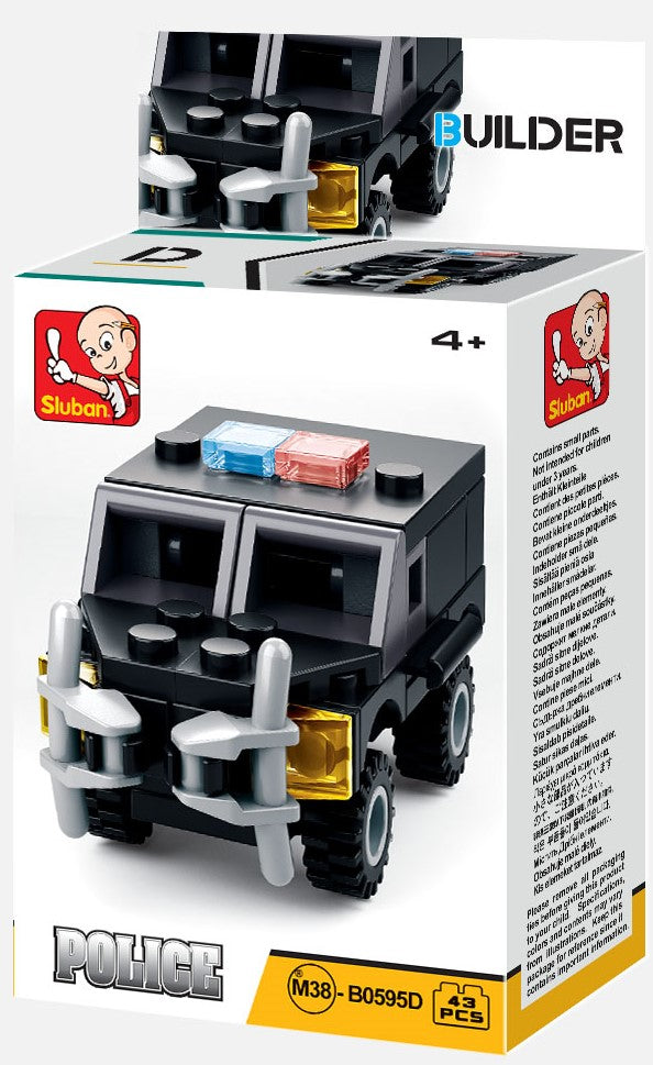 Police building brick set box showing black police truck with front lights and bars