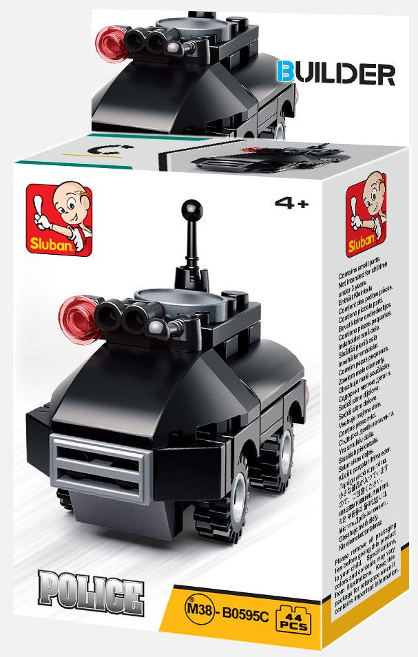 Police building brick set box with black police helicopter model and roof light bar
