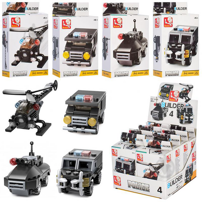 Police building brick set display with four black police vehicles and helicopter models