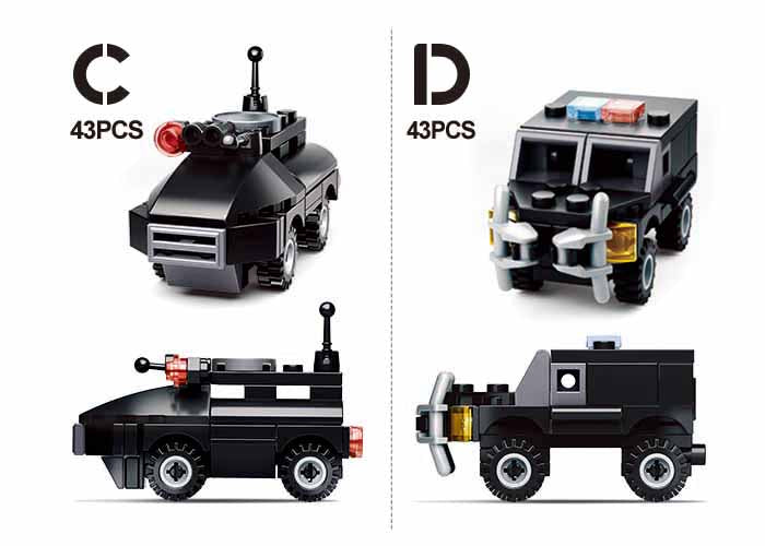 Police building brick set display with 43-piece black police armored truck and vehicle