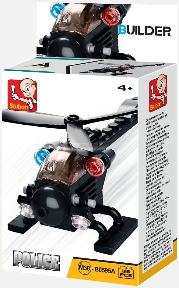 Police building brick set box showing black police helicopter model with red light