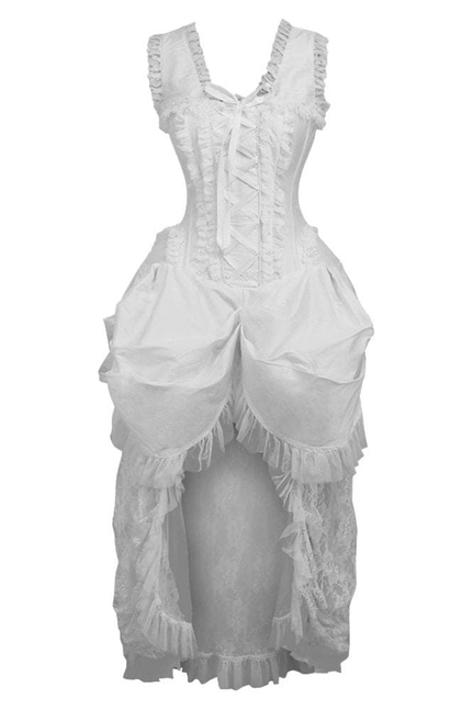 White lace corset dress with ruffled bodice and apron-style skirt