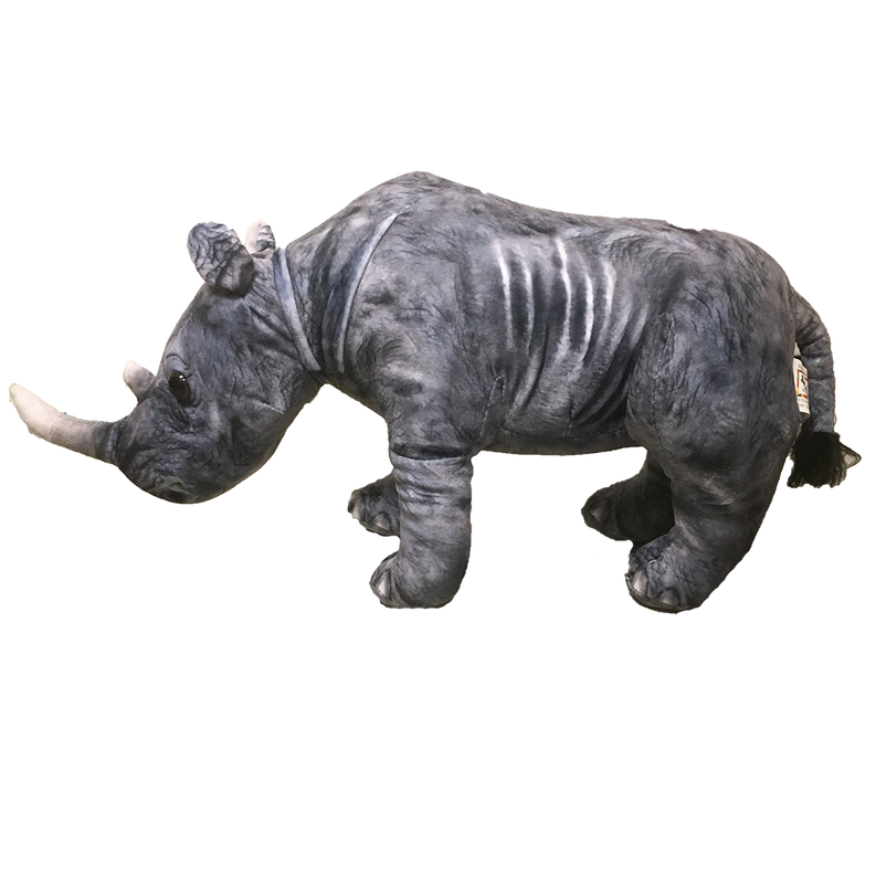 Gray rhinoceros plush stuffed animal with horn and curved front legs